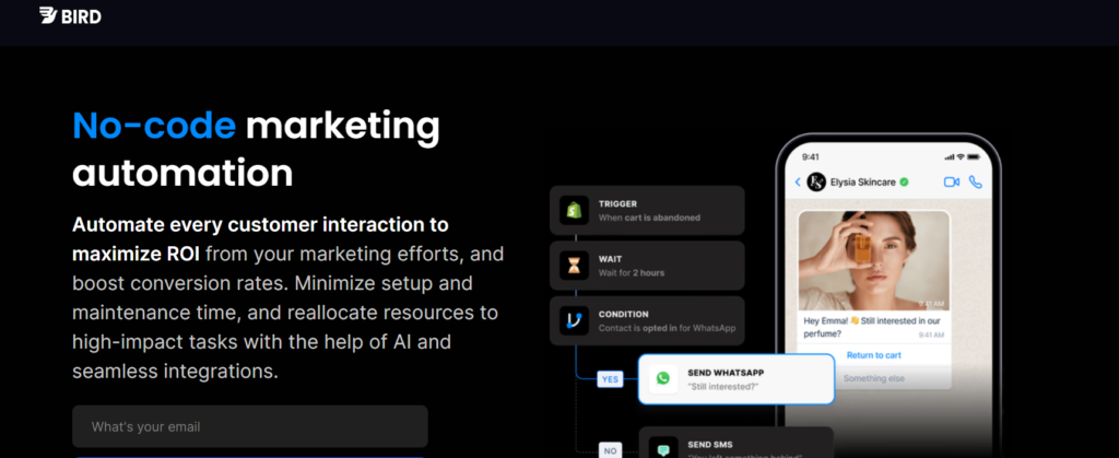 Messagebird makes it to our list as a no-code marketing automation for omnichannel campaigns.